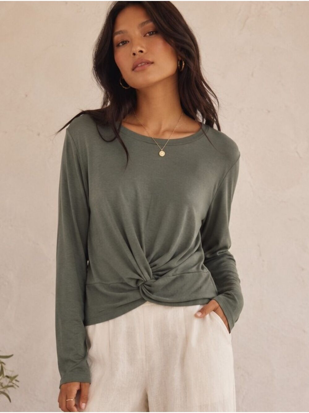 IVOIRE ANTHROPOLOGIE GREEN TWIST FRONT LONG SLEEVE SHIRT PULLOVER SIZE M / L